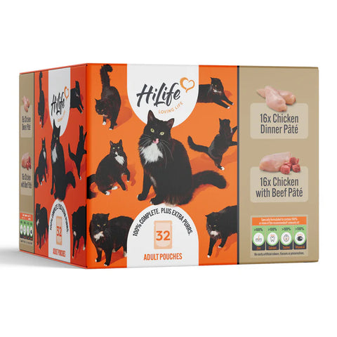 HiLife adult cat pouches chicken & beef 32x70g