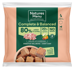 Natures menu complete & balanced 80% rabbit & turkey frozen nuggets