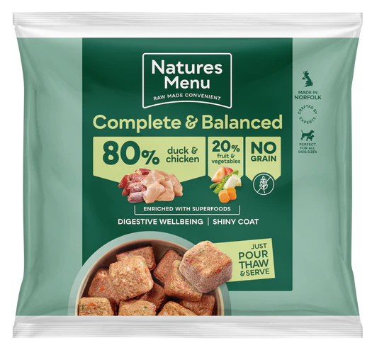Natures menu complete & balanced 80% duck frozen nuggets